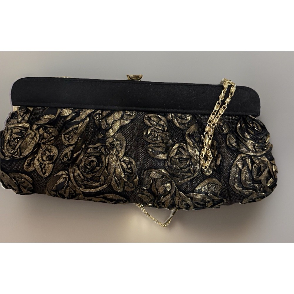 Jessica McClintock Evening Bag Elegant Vintage Feel Satin Black And Gold Roses.